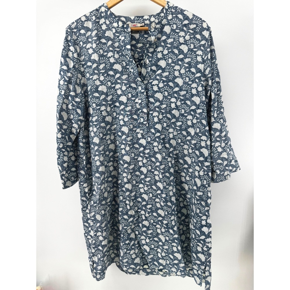 Faherty Tunic Dress Womens Size L Blue White Floral Linen Blend WDS2202-IEF
